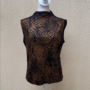 Tabou crinkled pleats polyester black bronze copper high neck sleeveless top